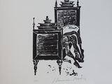dessin représentant un homme appuyé contre un lit, avec une commode devant lui