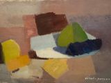 an oil painting of a plate of fruit and cheese on a table