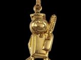 a close up of a gold pendant of a person holding a baseball bat