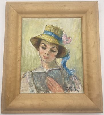 une peinture à l'huile représentant une femme portant un chapeau de paille orné d'un ruban bleu