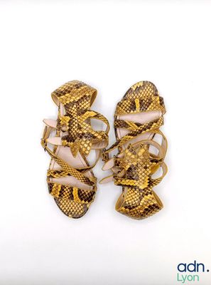 une paire de chaussures pour femme posée sur une surface blanche, sur fond blanc