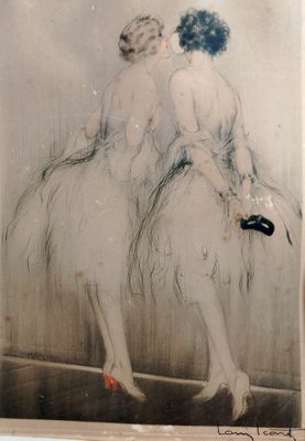 painting of two ballerinas in white tutuss with red shoes