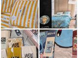 many different pictures of a bed with yellow and white sheets