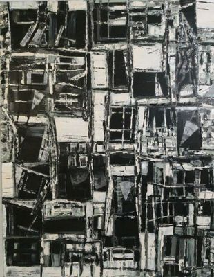 black and white abstract painting of a building with multiple windows