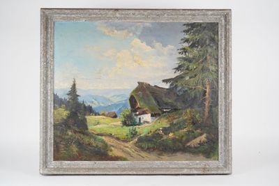 an oil painting of a rural scene with a house in the foreground