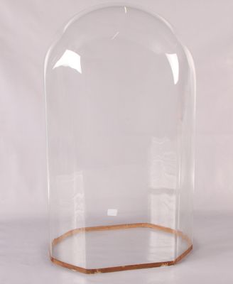 un dôme en verre transparent reposant sur un socle en bois, sur fond blanc