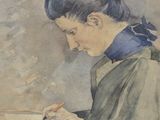 painting of a woman sitting at a table writing in a book