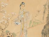 peinture chinoise représentant une femme en costume traditionnel debout sur un pont
