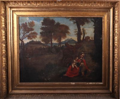 un vieux tableau représentant un homme et une femme dans un paysage