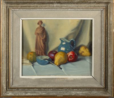 a picture of a painting of fruit and a statue on a table