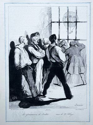 illustration représentant un groupe d'hommes debout autour d'une fenêtre dans une pièce