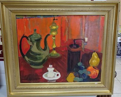 une peinture représentant une peinture d'une théière posée sur une table