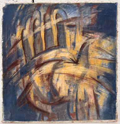 un tableau représentant un oiseau volant au-dessus d'un tableau jaune et bleu
