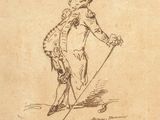 an old drawing of a man with a cane and a top hat