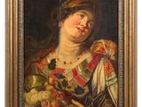 an oil painting of a woman holding a basket of fruit
