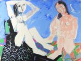 a painting of two women sitting on a bench