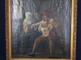 an old painting of a man holding a dog on a wooden easel