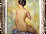 une peinture à l'huile représentant une femme nue assise sur une table