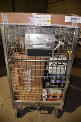 a metal cart with a bunch of items inside of it