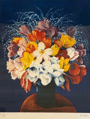 une peinture de fleurs dans un vase sur une table