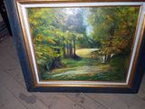 painting of a path in a forest with trees in the background