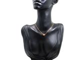 black mannequin head with a gold necklace on a white background