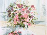 a watercolor painting of a vase of flowers on a table