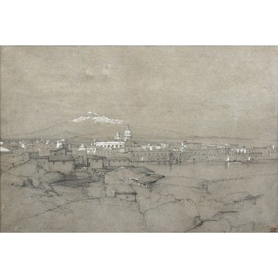 dessin représentant une vue d'une ville avec une montagne en arrière-plan