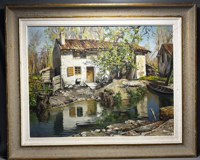 an oil painting of a house by a river with a boat in front of it
