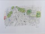 drawing of a crowd of people walking down a street with buildings in the background