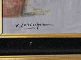an oil painting of a woman sitting at a table with a glass of wine