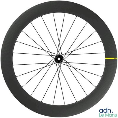 the front wheel of a bicycle with a yellow stripe on the rim