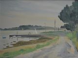 a picture of a painting of a boat on the water