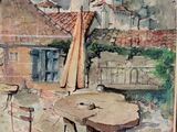 une aquarelle représentant une table et des chaises devant une tour d'horloge