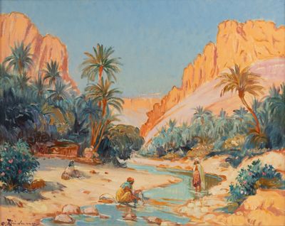 an image of a painting of a desert scene with a river and palm trees