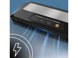 a close up of a toaster on a blue background with a lightning bolt coming out of it