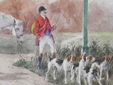 a painting of a man with a horse and a bunch of dogs
