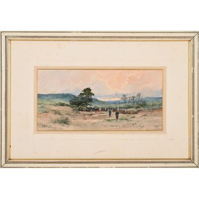 une aquarelle représentant un paysage avec des chevaux au loin