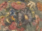 a painting of flowers in a vase on a table