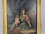 une peinture à l'huile représentant une femme tenant un enfant sur ses genoux