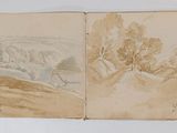 an old book with a drawing of a landscape on it