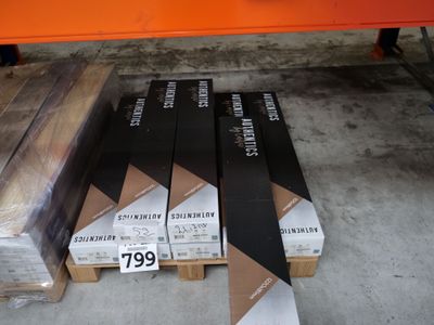 several boxes of wood sit on a pallet in a warehouse