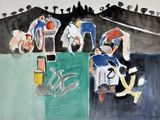 a painting of a group of people riding on a bike