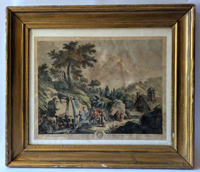 a painting of a village scene in a gold frame