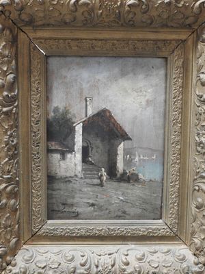 une image d'un tableau représentant une maison au bord de l'eau