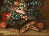 a painting of a snake and flowers on a table