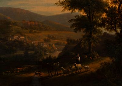 un tableau représentant un homme à cheval au milieu d'un troupeau de moutons