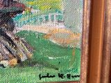 an oil painting of a woman sitting on a bench in a park