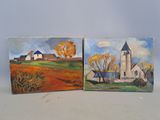 two paintings of a church and a church on a hill