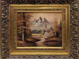 un tableau représentant un paysage de montagne avec un ruisseau et une maison